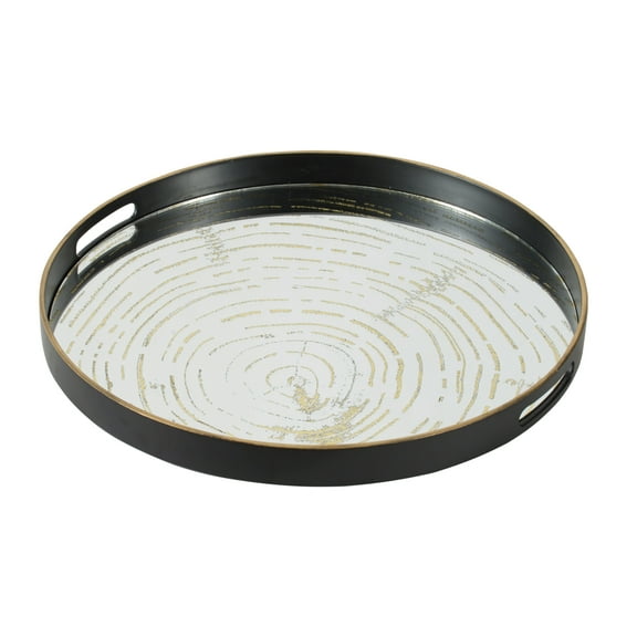 18 Inch Decorative Tray, Round Black Wood Frame, Mirrored Bottom- Saltoro Sherpi