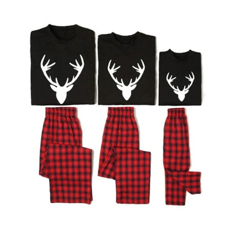 Christmas Homeware Family Matching Parent-children Homeware Clothes Reindeer Printed O-neck Long Sleeve Top And Plaid Pants Suit ()