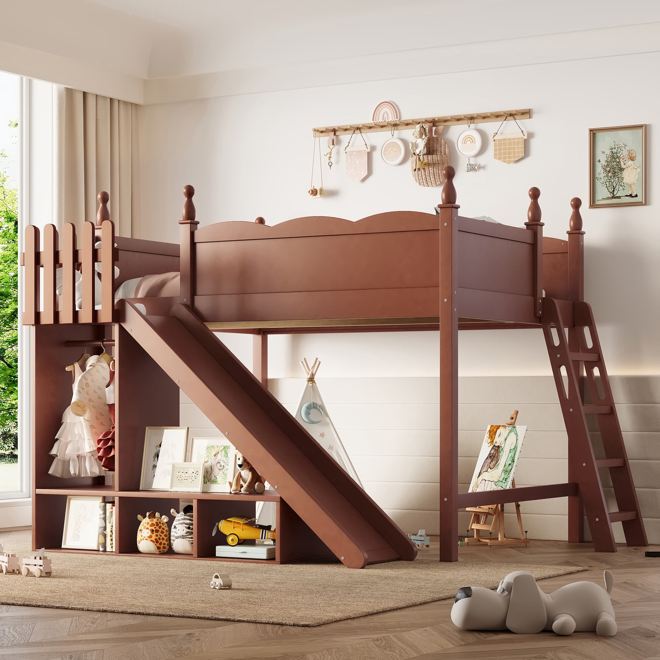 Noble House Full Loft Bed with Storage Shelves, Detachable Slide and Ladder, Antique Natural