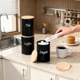 thumbnail image 2 of Tea Coffee Sugar Canisters Set 3-Piece Airtight Metal Food Storage Tins with 5ml Spoon and Sugar Tongs Canisters Set with Wooden Lids for Kitchen Counter Organization (Black 15cm H), 2 of 5