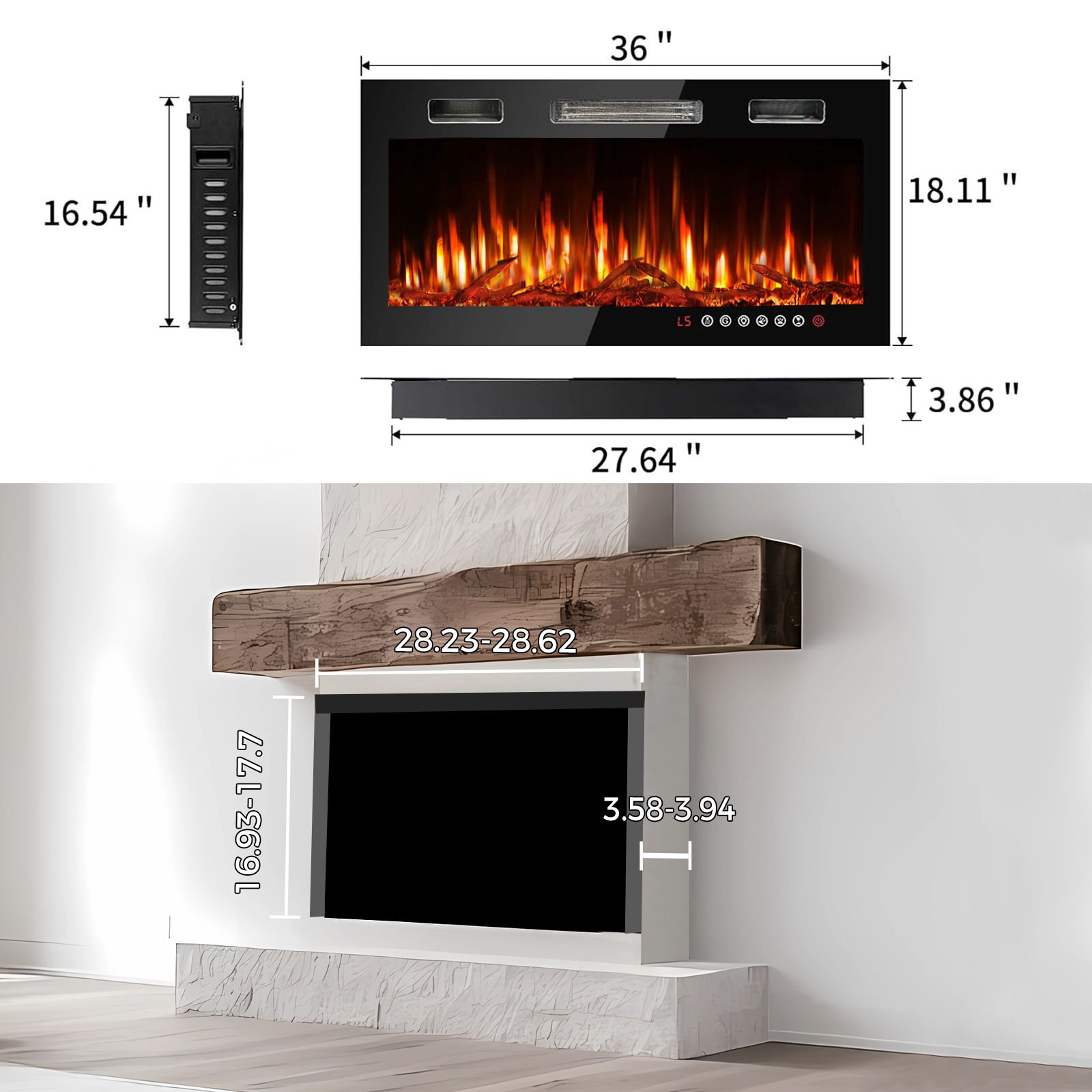 36 inch Ultra-Thin Electric Fireplace in-Wall Recessed and Wall Mounted Fireplace Heater,Linear Fireplace with Multicolor Flame,Timer,Low Noise,750/1500W,Touch Screen & Remote Control(36’’)