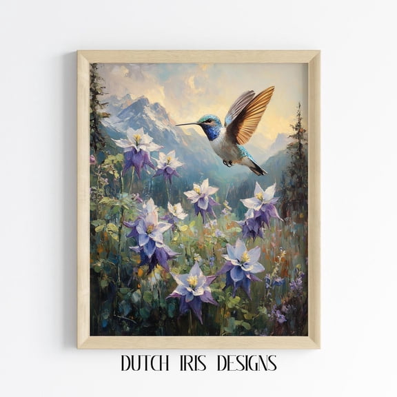 Hummingbird And Blooming Columbines, Mountain, Rustic Nature Wall Art, Spring Cottagecore Decor, Artwork 289 Home Decor #1735, Unframed Poster Size 8x12