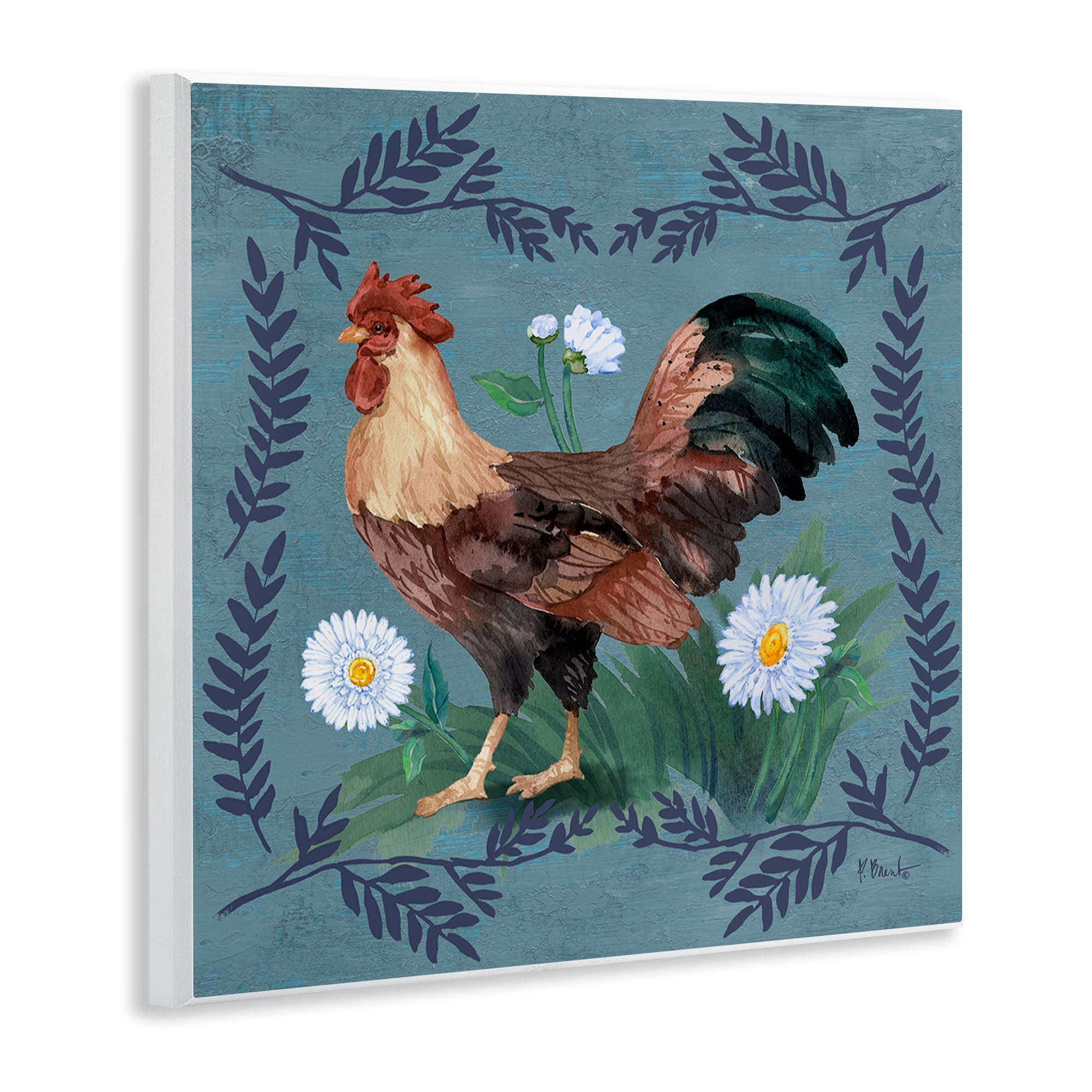 Stupell Industries Rooster & Fern Trim Animals & Insects Painting Unframed Art Print Wall Art, 12 x 12