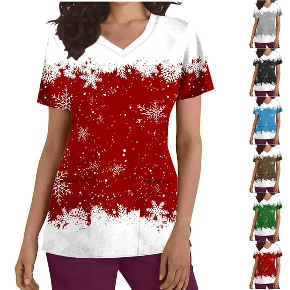 QATAINLAV Novelty Holiday Scrubs for Women 2024 Christmas Nursing Scrub Tops Cute Snowflake Printed Short Sleeve V Neck Medical Working Uniform Blouse with Pockets on Sale Black XXL