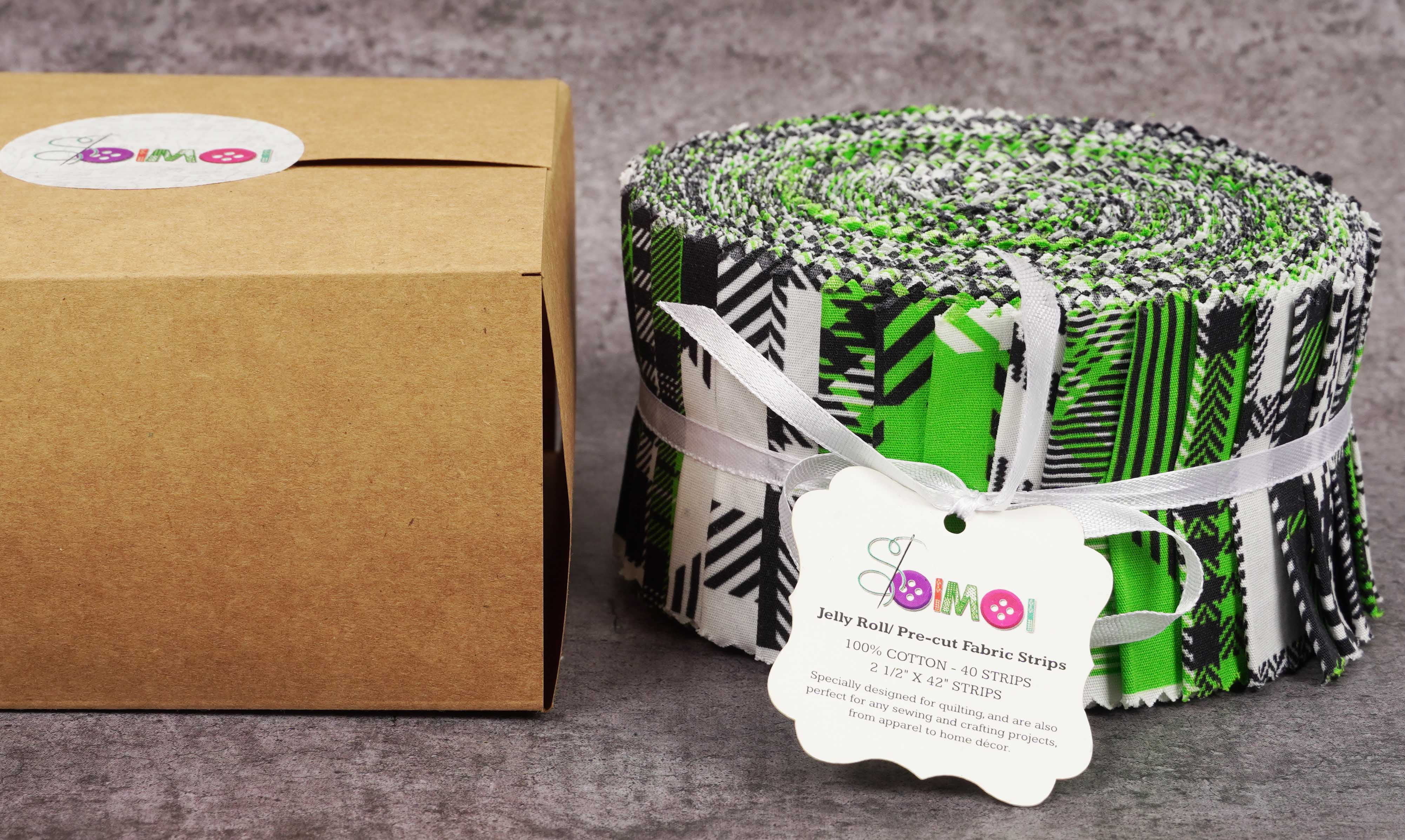 Soimoi 40Pcs Check & Tartan Print Cotton Precut Fabrics For Quilting Craft Strips 2.5x42inches Jelly Roll - Green & Black