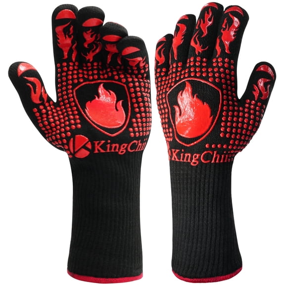 KingChii BBQ Gloves, 1472°F Heat Resistant Grilling Gloves with Non-Slip Silicone Grip, Long BBQ Oven Gloves for Grilling, Smoking, Cooking, Baking and Frying, Red