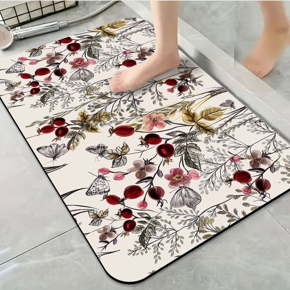 1pc Berry and Floral Pattern Bathroom Rug Bathroom Decor and Accessories- Durable,Anti Slip,And Quick Drying,Suitable For Indoor/outdoor Use - Perfect For Bathrooms,Bedrooms,Kitchens