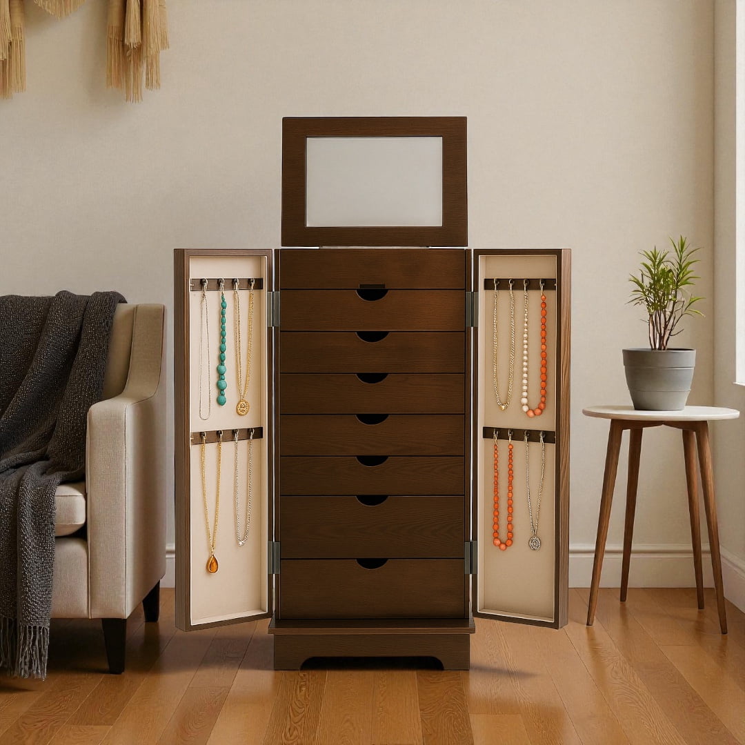 Hives & Honey Port Elegant Chocolate Jewelry Armoire: Freestanding, Lockable Wooden Cabinet for Women
