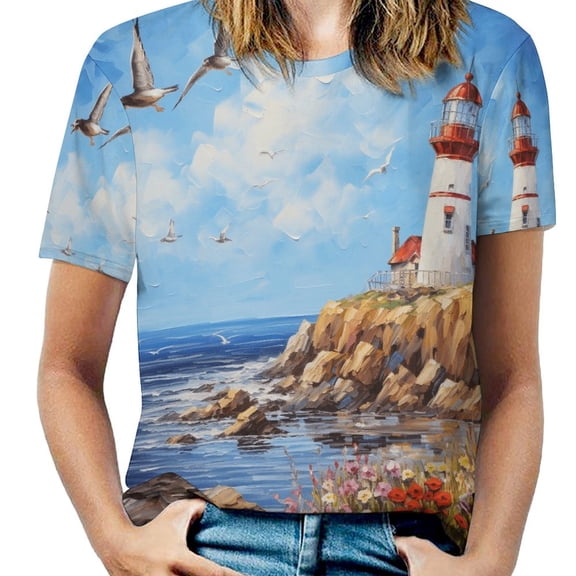 Lighthouse Sunrise Coast Scenery Pale Blue Tan Women's T-Shirt Short Sleeve T Shirts Tops Tee Ladies Loose T
