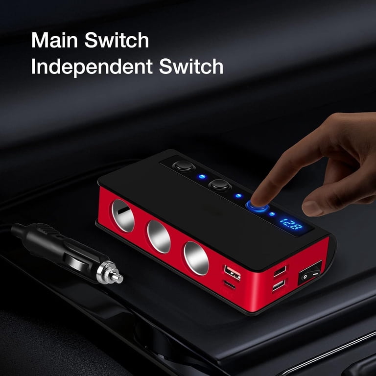 mains to cigarette lighter Quick Charge 3.0 Cigarette Lighter Adapter,180W 12V/24V 3-Socket DC Power  Car Splitter with 6.6A 4 USB Ports,LED Display Voltage, Individual Switch