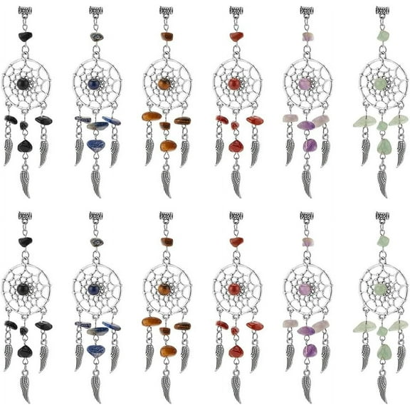12pcs Dream Catcher Charms - Silver Gemstone Chip Style with Feather Pendants for Jewelry Making Keychain Bag Decor Silver