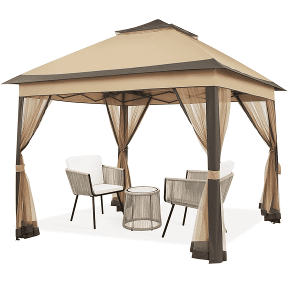 Yaheetech 11x11ft Outdoor Pop-up Gazebo Tent for Parties Events, Khaki & Brown