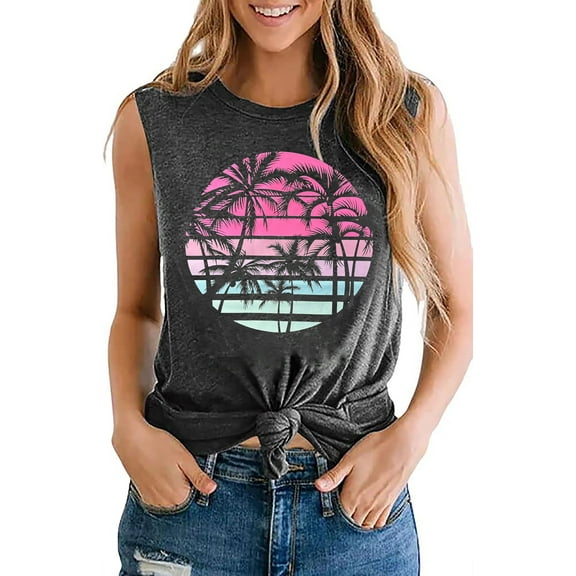 YI XIANG RAN Summer Beach Tank Shirts Women Palm Trees Sunset Beach Tank Top Tropical Hawaiian Vacation Sleeveless Shirt