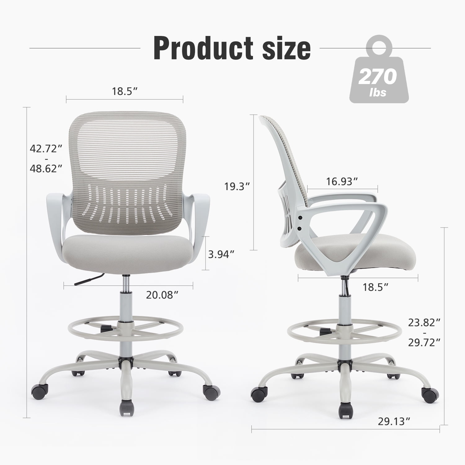 GIANNA Ergonomic Tall Mesh Office Chair with Adjustable Foot Ring, Storable Lumbar Support, Armrests, and Mid-Back Design – High Task Chair with Wheels, Gray