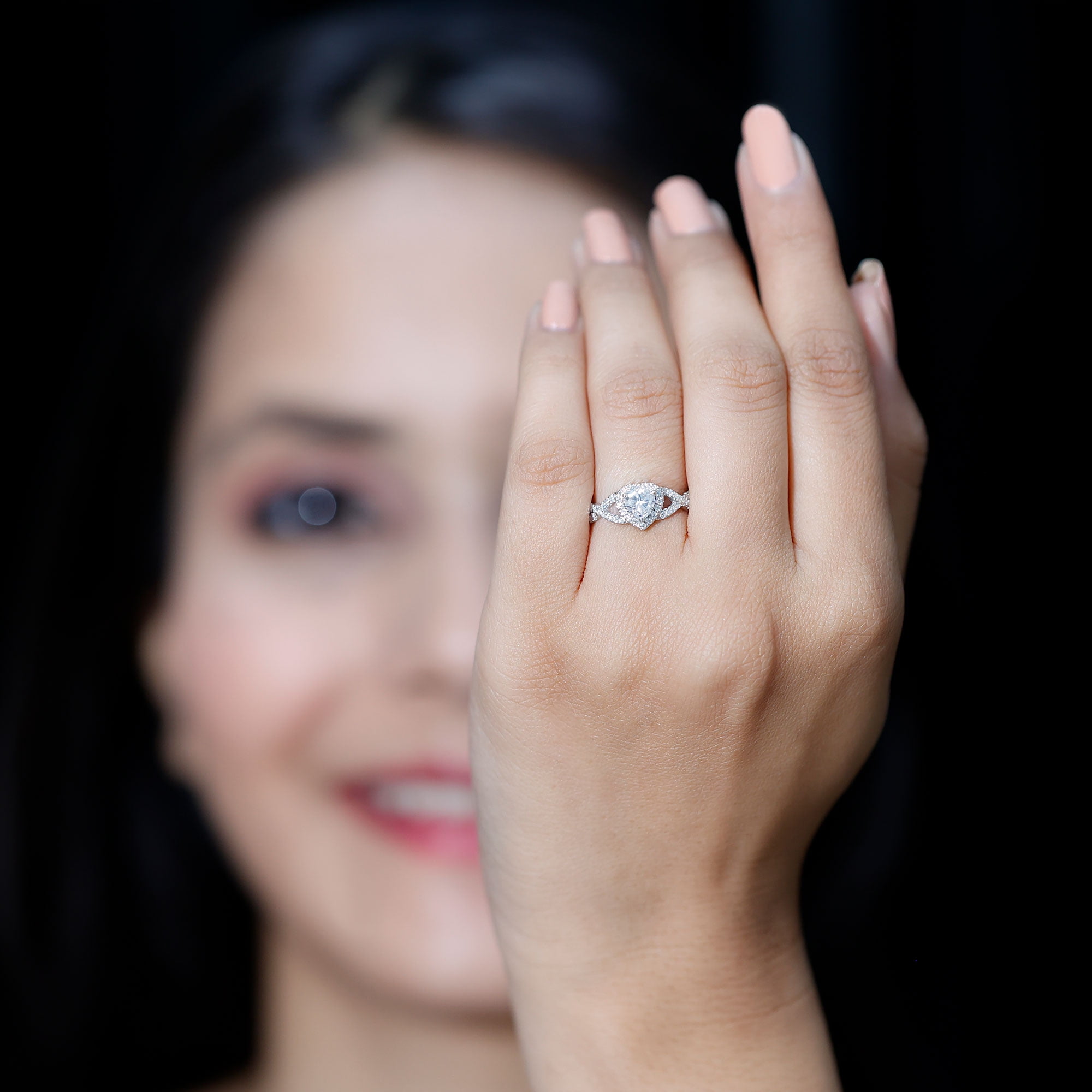 Rosec Jewels Moissanite Heart Engagement Ring for Women - 1/2 Carat - Moissanite Halo Crossover Ring - D-VS1 Grade, 14K White Gold, US 5.00
