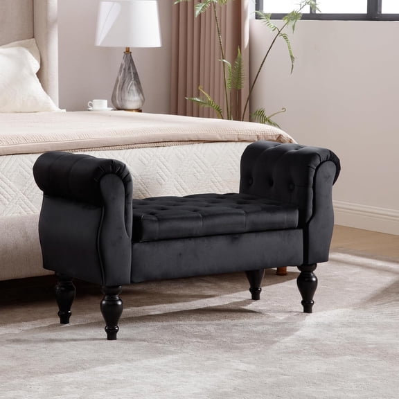 Velvet Upholstered Storage Bench with Arms & Wooden Legs, 39.76" Button Tufted Bench for Bedroom, Living Room, Entryway, Black