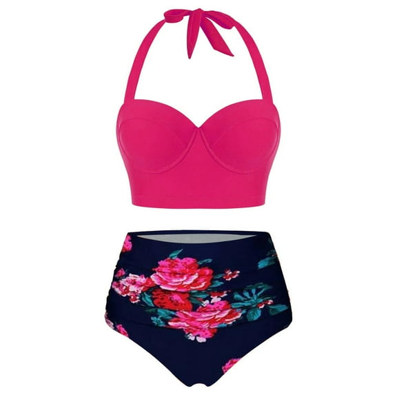 LoyisViDion Women Floral Print High Waist Crop Tops Shorts Two Piece Swimwear Halter Tankini Hot Pink XL