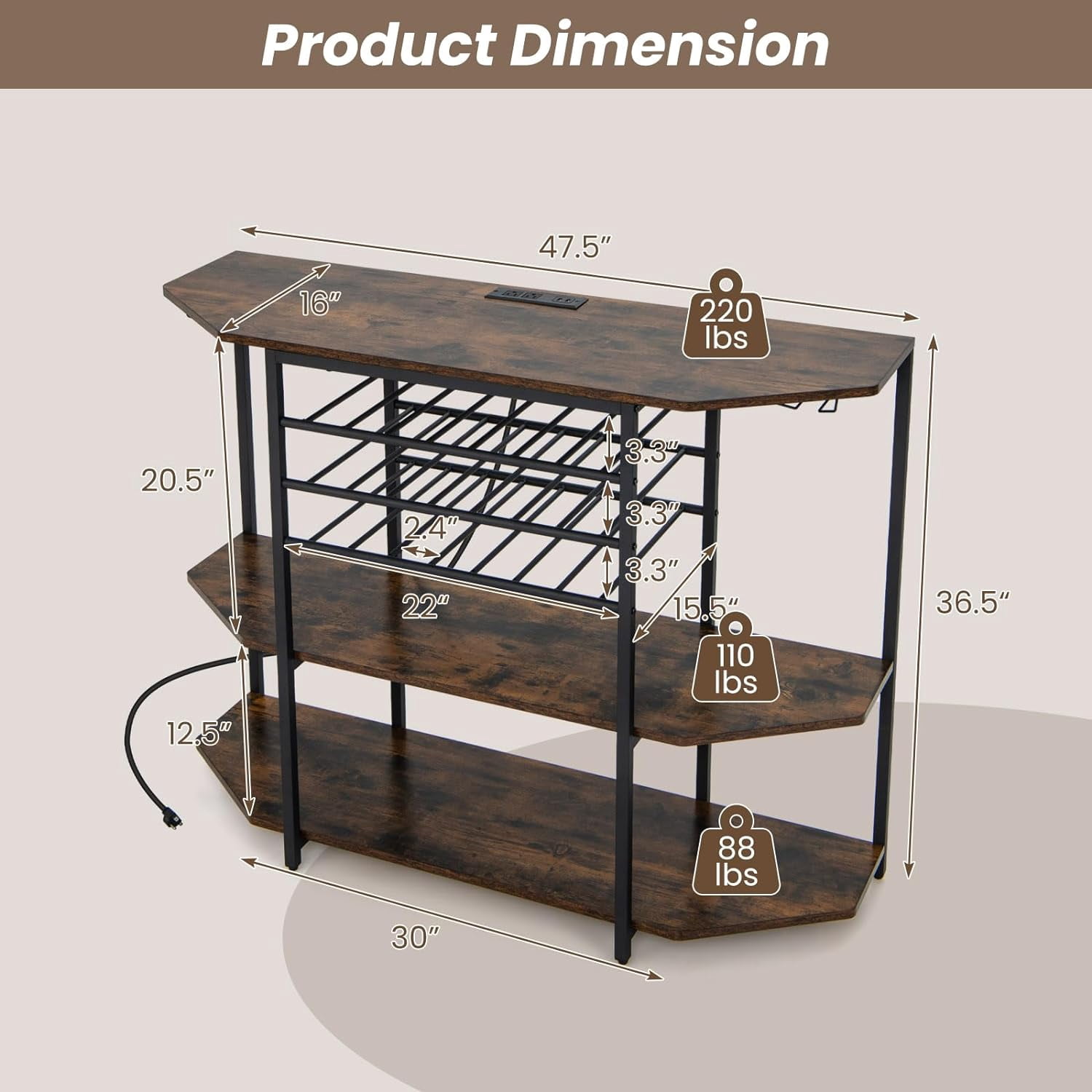 Wine Bar Cabinet with 3 Tier Wine Racks Wine Storage, Glasses Holder, Brown