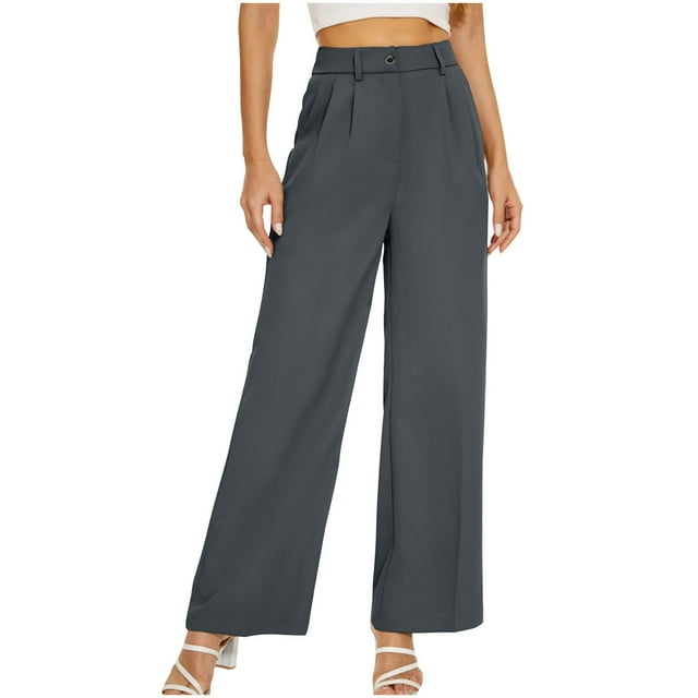 Timegard Womens Formal Pants Elastic High Waist Straight Leg Solid Color Office Work Lounge Pants Pockets