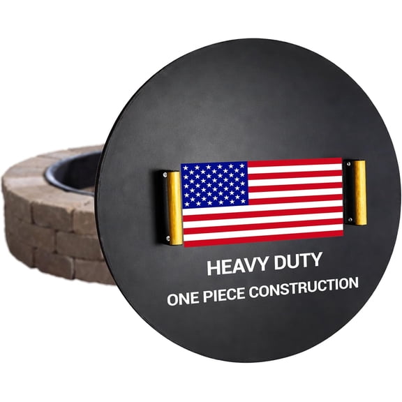 28” Round Fire Pit Lid – Heat Resistant fire pit cover round metal for Outdoor Fireplace -16 Gauge Steel Flat Fire Pit Burner Pan Cover with 2 Wooden Handles Snuffer Lid for Patio FirePit Ring