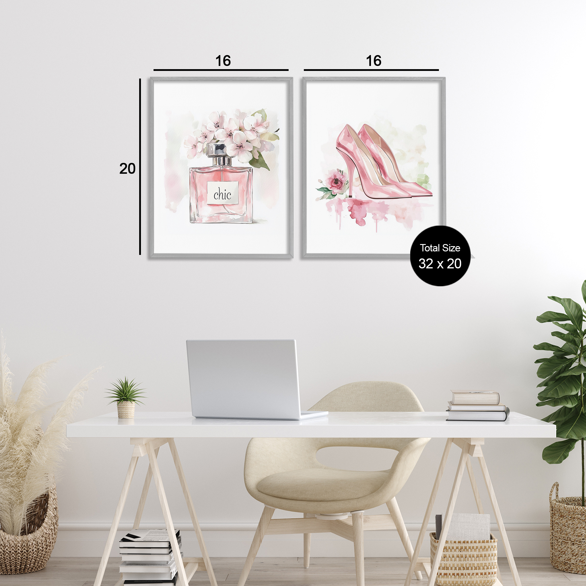 Rosy Pastel Perfume & Heels 2 Piece Gray Framed Giclee Art Set, design by Christine Simpson Art