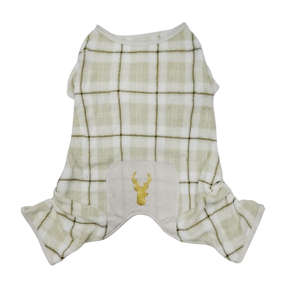 Way to Celebrate Dog Clothes: Fleece Pajama for Dogs, Ivory Plaid with Reindeer Glitter Screenprint, Size XS-XL