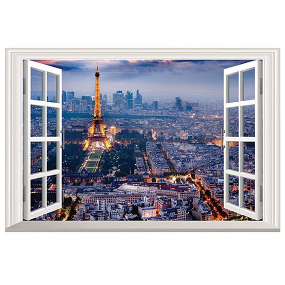 BooDecal Eiffel Tower in Paris Romantic Scenery 3D Fake Window Decorative Decals Interior Room Wall Stickers for Bedroom Living Room Playroom Decals 24 inches x 16 inches