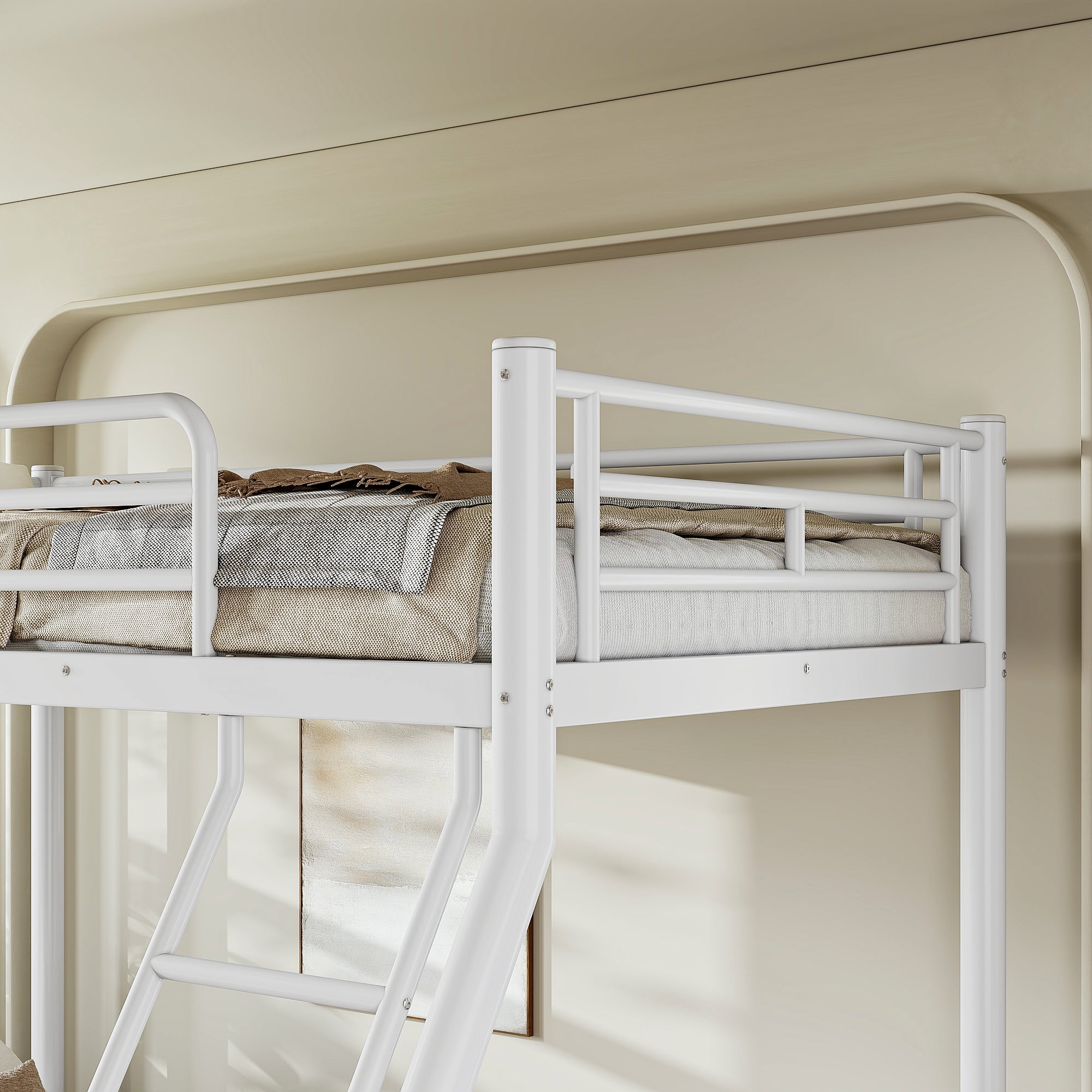 GARITIN Twin XL Over Queen Size Metal Bunk Bed 82.4 Inch, Bunk Bed Frame with Ladder and Guardrails for Teens Adults, White