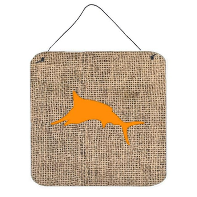 Fish - Marlin Burlap And Orange Aluminium Metal Wall Or Door Hanging Prints - 6 x 6 In.