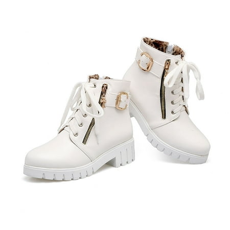 

IELGY Women s short boots large size solid color round toe lace-up side