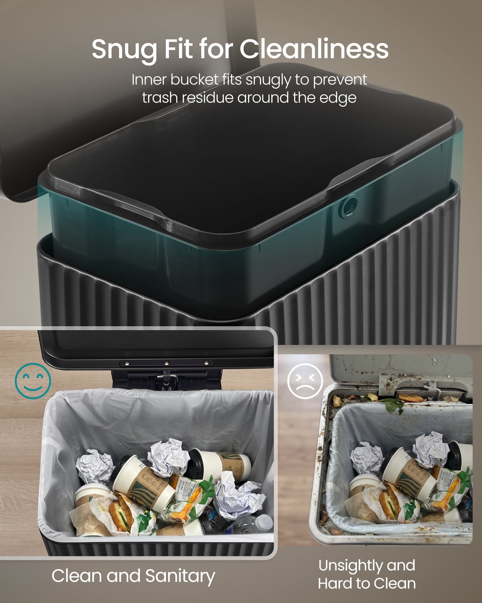 SONGMICS Trash Can, 13 Gallon (50 L) Garbage Can, with Lid, Pedal, and Removable Inner Bucket, Soft Close, Stainless Steel, 15 Trash Bags, Ink Black