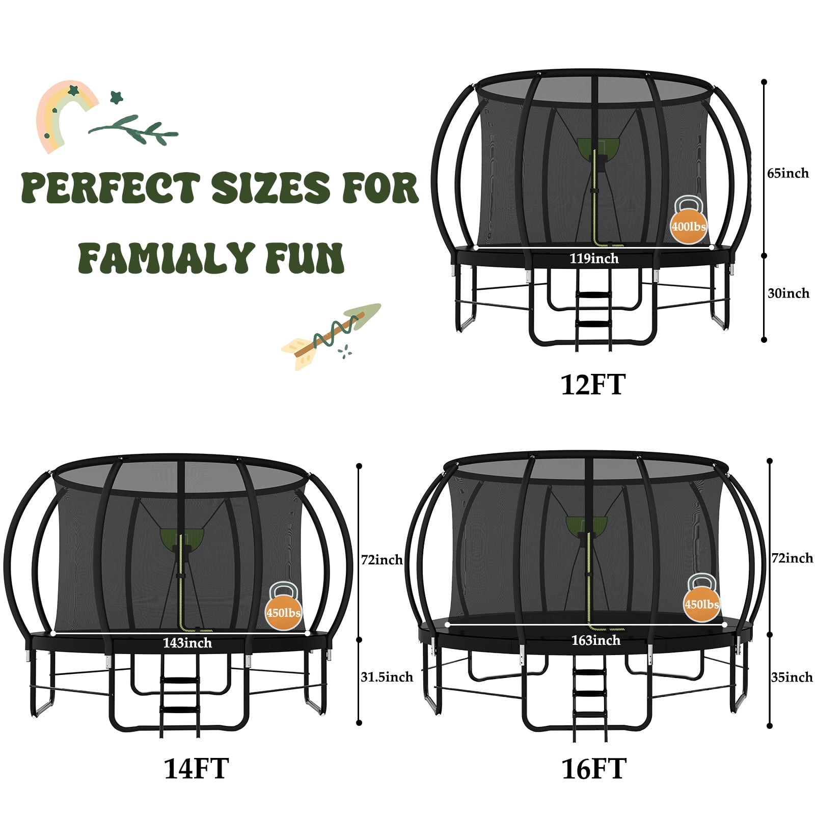 DVH Outdoor Trampoline 16FT with Enclosure and Ladder,  Recreational Trampoline with Basketball Hoop Set