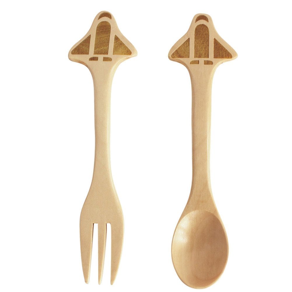 Co Wood Kids Fork and Spoon Set (Spaceship), Set of wood fork and spoon