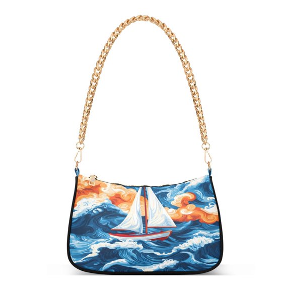 Ryvnso Sailboat Landscape Sea Womens Chain Shoulder Bag Tote Handbags Clutch Hobo Purse with Zipper for Travel