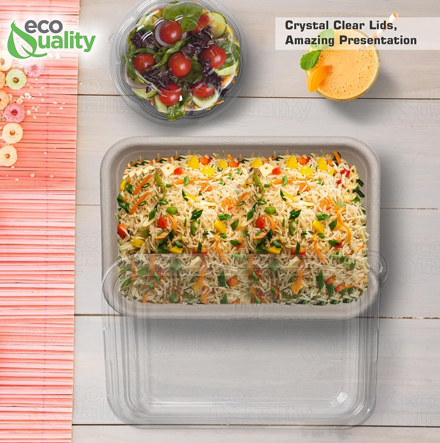 EcoQuality 34oz Disposable Bowls with Clear Lids - Rectangular Compostable Sugarcane Fiber Biodegradable Paper Bowls Eco-Friendly Take Out Food Storage Containers, Microwave Safe, Meal Prep (200 PACK)