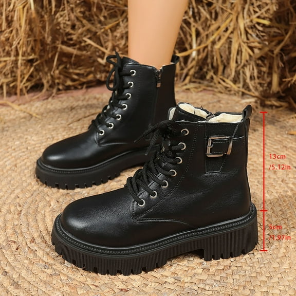 Wowcloth Winter Ankle Boots for Women - Fleece-Lined Warmth with Side Zipper & Front Lace-Up Low Chunky Heel Casual Winter Footwear