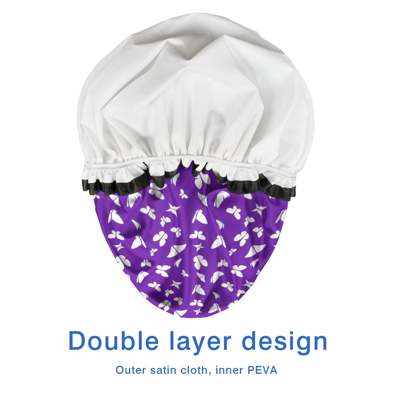 Shower Caps,Purple White Butterfly Pattern Waterproof Shower Cap for Women 4 Pieces,Double Reusable Hair Cover for Shower PEVA Elastic Stretch Hem