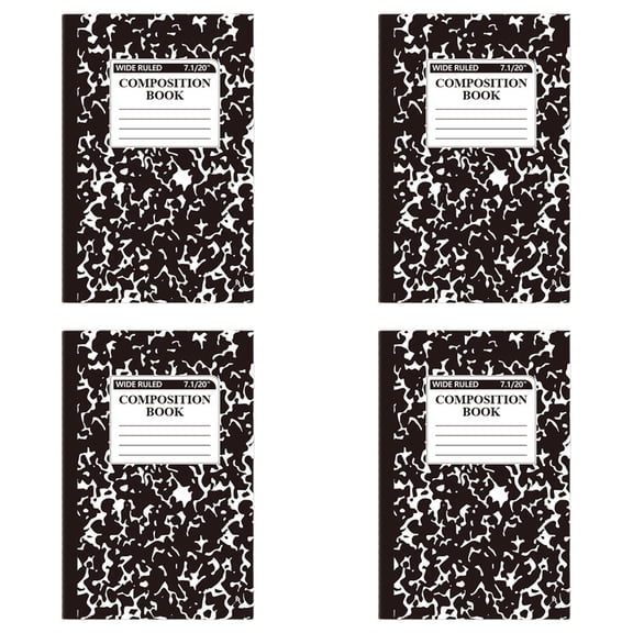 4Pcs Composition Notebook, Wide Ruled Composition Book, Marble Composition Notebooks for Note Taking, 30 Sheets/60 Pages, Hard Cover, Sewn Binding, Classroom Must Haves, Office Supplies,Black