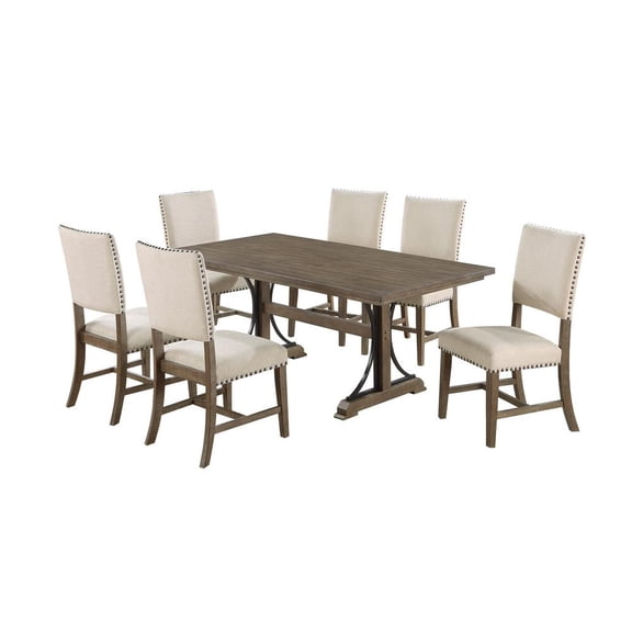 7pc Brown Oak Wood Dining Set with 6 Beige Linen Upholstered Chairs