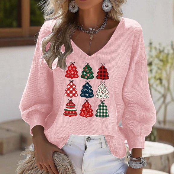 Ounisa Ugly Christmas Trees Tops 3/4 Sleeve Shirt for Women Soft Waffle Cute Funny Wintertime Holiday Parties Sweatshirts Deep V Neck Pullover