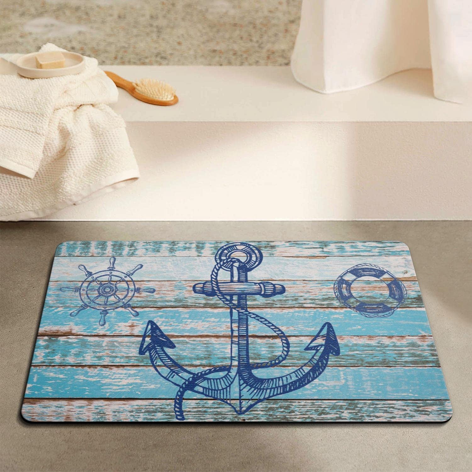 Nutksea Anchor Bath Mat, Retro Nautical Anchor Washable Bathroom Rugs Non Slip Bath Mat for Tub 27" X 17"