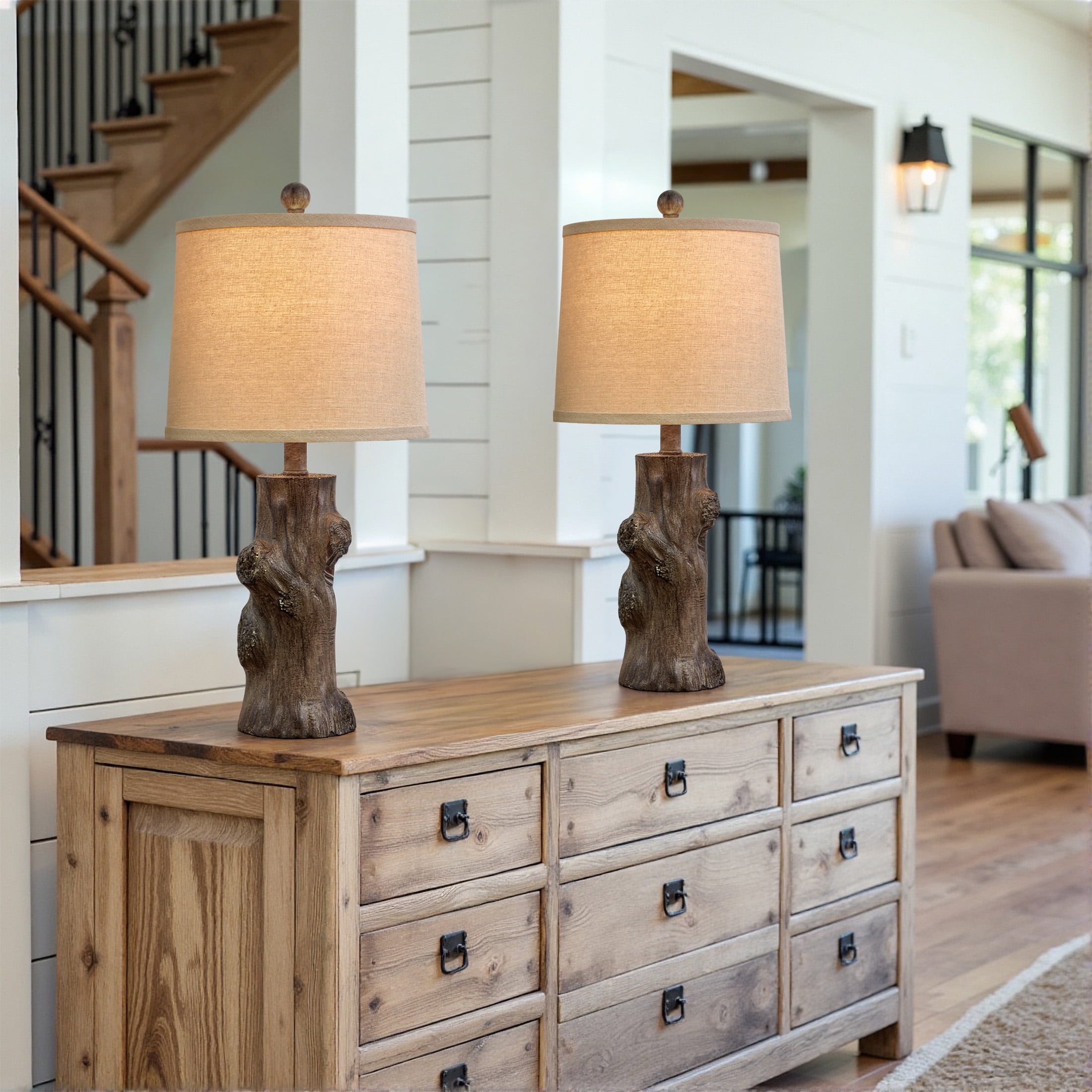 Oneach Farmhouse Resin Table Lamp Set of 2 for Living Room Bedroom 23" Tree Trunk Wood Grain Rustic Nightstand Bedside Lamps with Lamp Shades