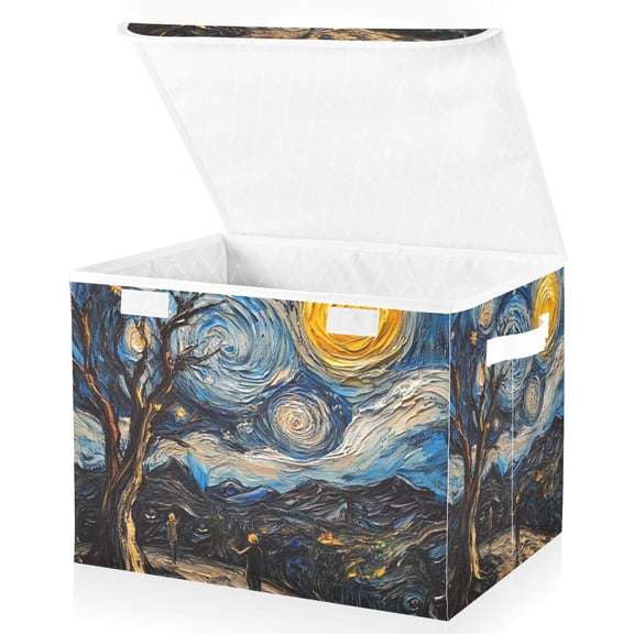 Yayeee Collapsible Cube Storage Bin with Lid Fabric Closet Decorative Basket with Handles, Swirling Starry Sky