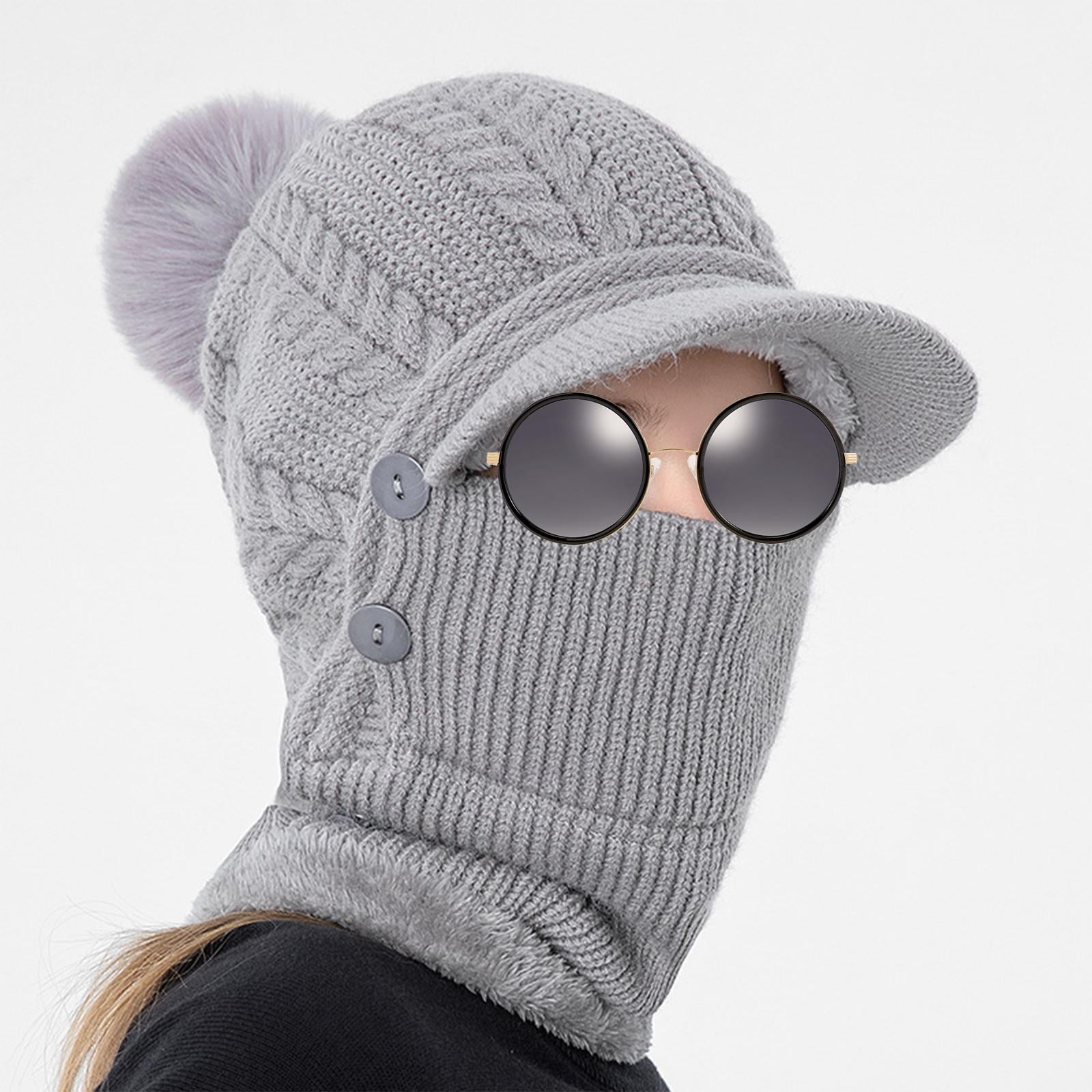 DimyFew Elastic Knitted Beanie Hat Neck Gaiter Breathable Button Warmer Winter Ski Mask Gray