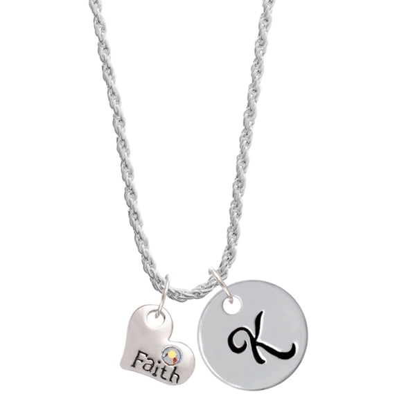 Delight Jewelry Faith Heart with AB Crystal Silvertone Script Initial Disc - K - Charm Necklace, 20"+3"
