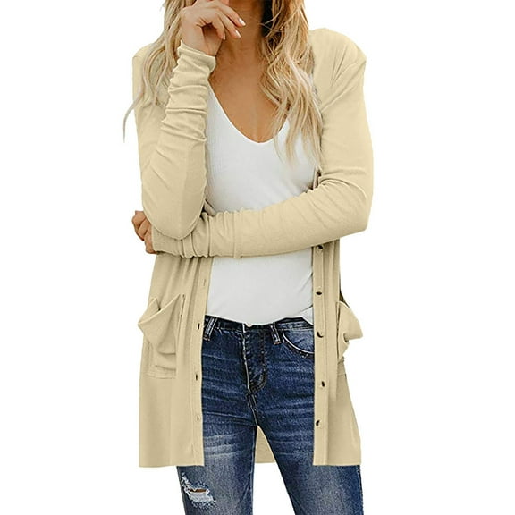 Fesfesfes Womens Coat Casual Ladies Fall Cardigan Solid Long Sleeve Tops with Pocket Button Coat Outerwear