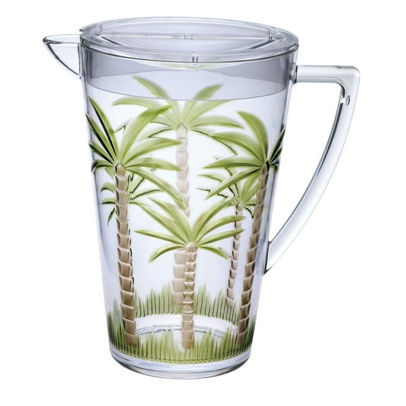 HomeRoots 2.5 Quart Clear And Green Palm Tree Acrylic Pitcher