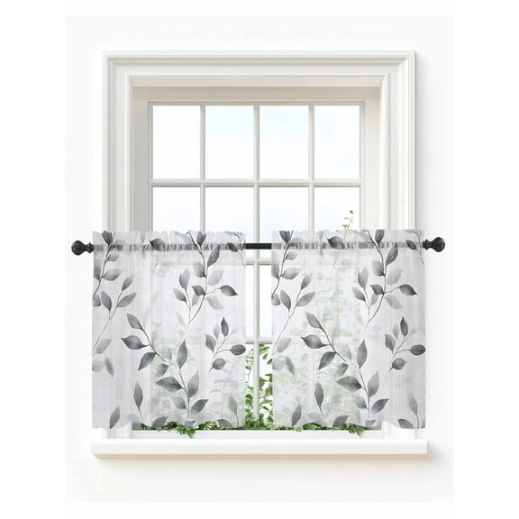 Gray Leaves Tier Curtains 36 Inch Length, Sheer Curtains for Bedroom Living Room Window Spring Rustic Branches Botanical Rod Pocket Voile Drapes Kitchen Curtains Small Half Window 27.5"x36" 2 Panels