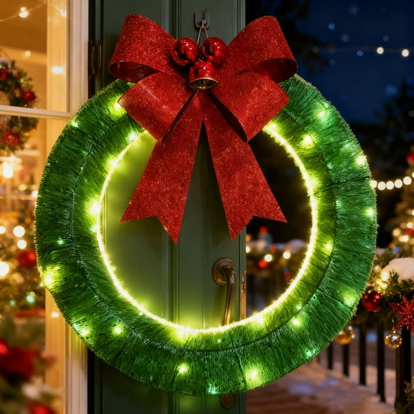 AHMT Pre-Lit Outdoor Christmas Wreath Decoration, 12 Inch LED Lighted Christmas Wreath, Large Lighted Xmas Outdoor Decor with Bow for Front Door, Windows, Wall, Garage(Green)