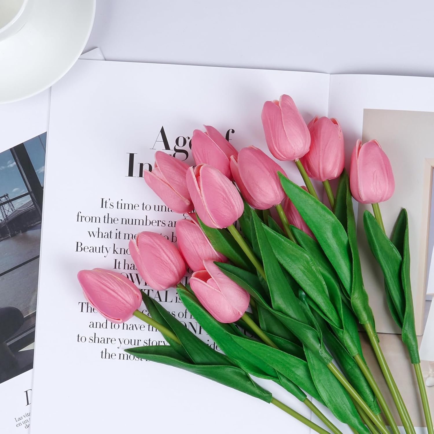 Pink Tulips with Stems 10 pcs Fake Tulips Soft PU Pink Flowers Artificial Faux Latex Real Touch Tulips Artificial Flowers Bouquet for Office Party Arrangement Valentines Mothers Day Decor